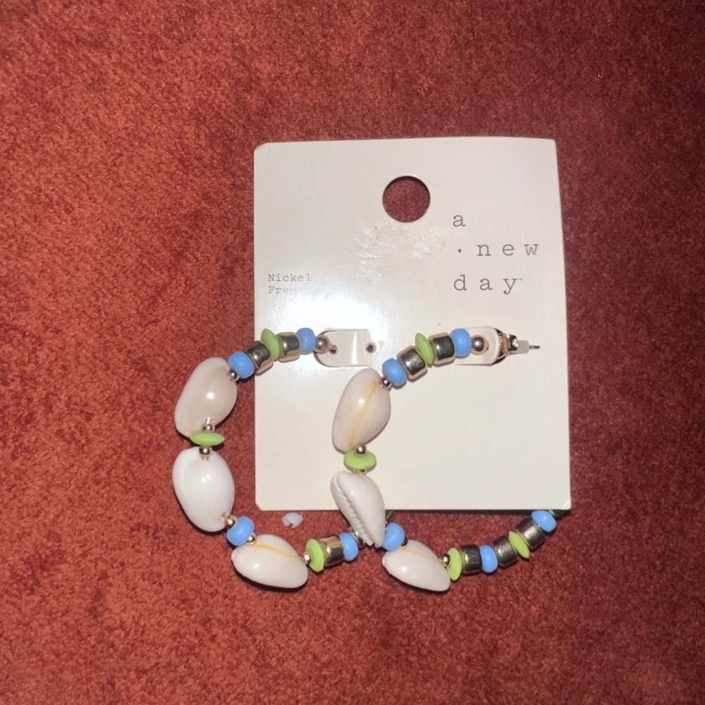 A New Day White and Blue Beaded Shell Earrings